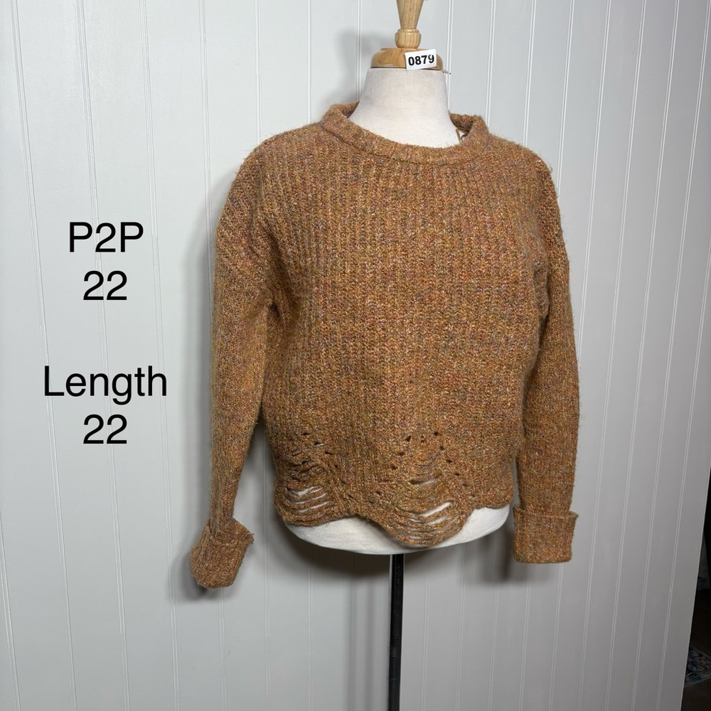 Tan Marled‎ Distressed Cropped Knit Sweater Scalloped Hem Long Sleeve M/L